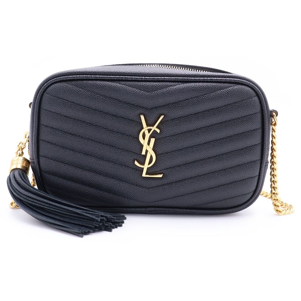 SAINT LAURENT PARIS (サンローランパリ) ルー ミニ カサンドラロゴプレート レザー タッセル チェーンショルダーバッグ ゴールド金具 ブラック 618057