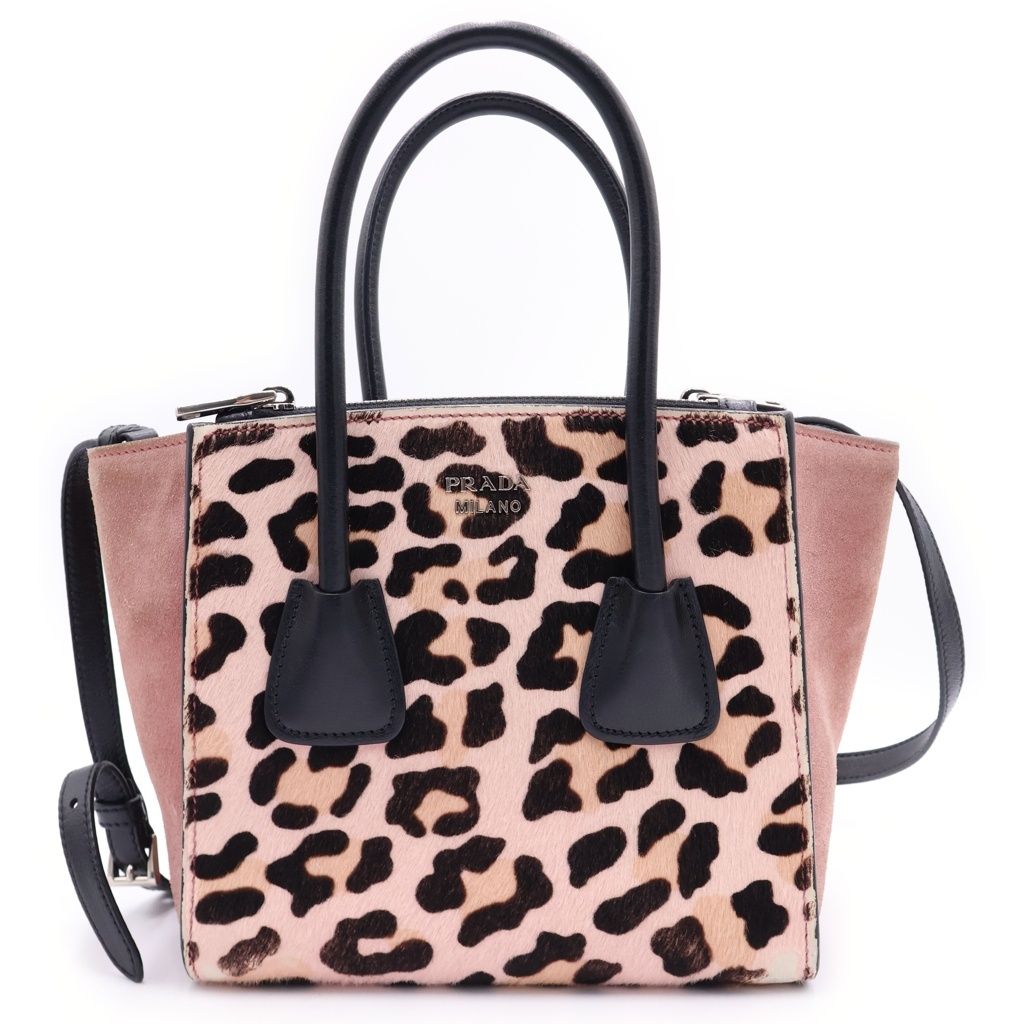 PRADA (プラダ) Leopard Calf ロゴプレート レオパード 2WAY ショルダーバッグ ハンドバッグ ピンク