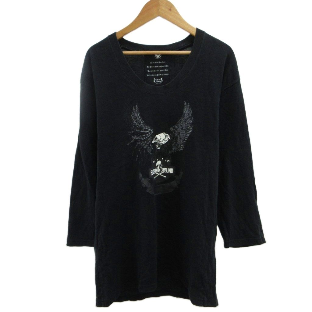 ロエン Roen Tシャツ 46 黒 ブラック プリント柄 ラウンドネック 七分 