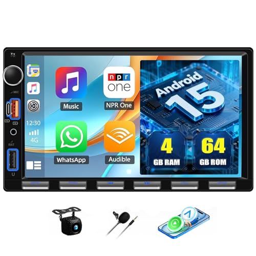 7インチ Android 15 ディスプレイオーディオ ワイヤレスCarPlay/AndroidAuto 4+64GB GPS内蔵 2DIN バックカメラ付き カーナビ 7インチモニターkk