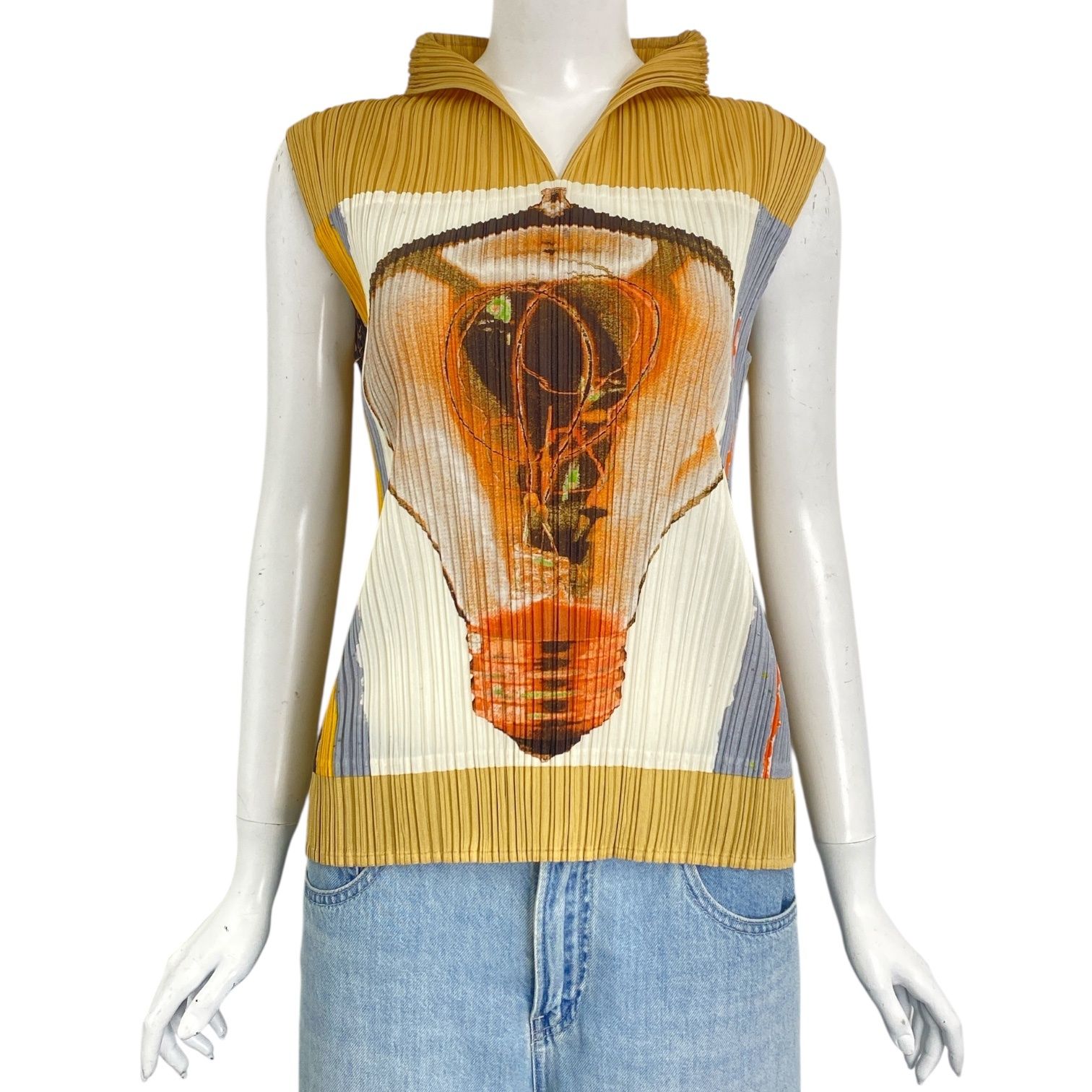 新品同様 ISSEY MIYAKE イッセイミヤケ PLEATS PLEASE プリーツプリーズ トップス ベスト 電球バック転写 マルチカラー サイズ3
