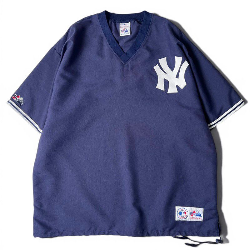 90s USA製 Majestic NY ヤンキース プルオーバー ベースボール シャツ 