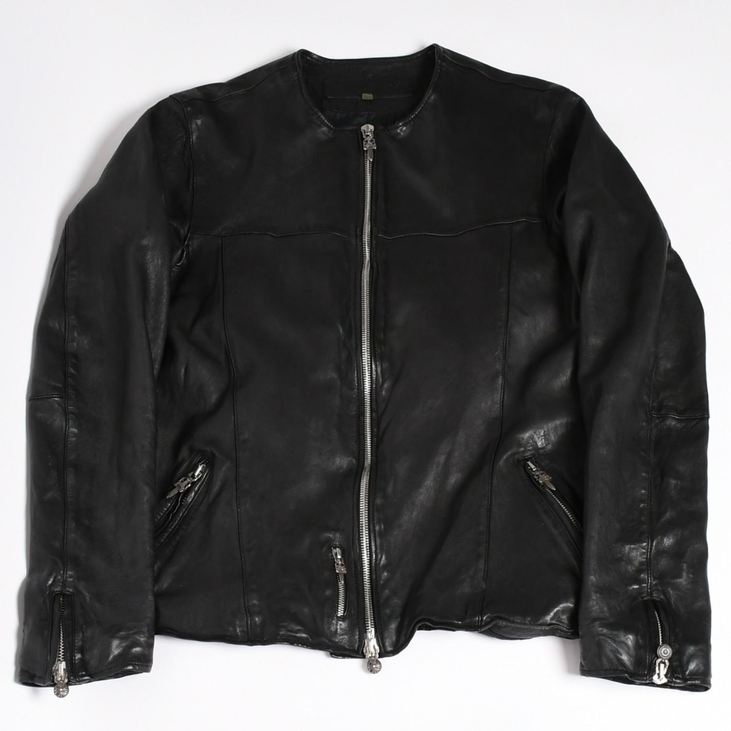 CHROME HEARTS クロムハーツ × リックオウエンス ノーカラーウォッシャブルシングルレザーライダースジャケット シープレザー シルバー925 ダガー アウター XLサイズ 美品 中古 4a003725