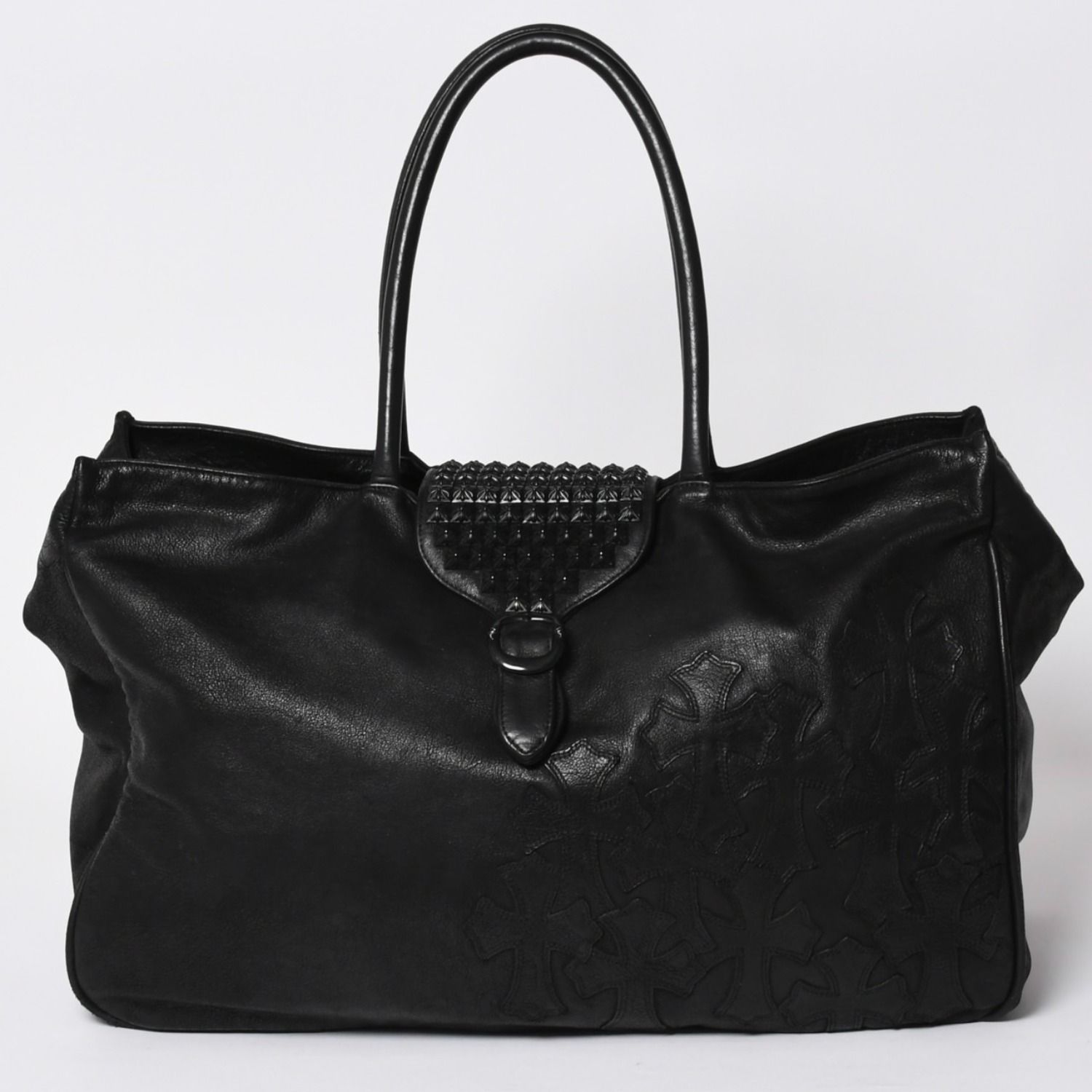極美品 CHROME HEARTS クロムハーツ JET SET トートバッグ ボストンバッグ クロスパッチ レザー シルバー925 ブラックロジウム 中古 4a003752