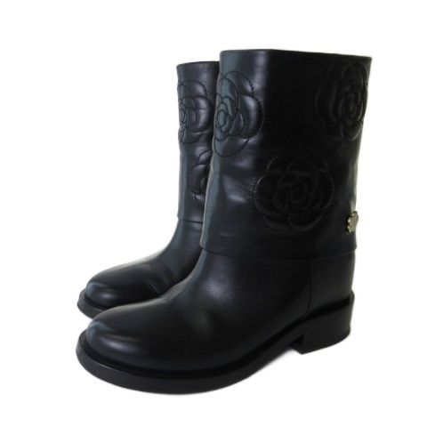 シャネル CHANEL G31923 カメリア ショートブーツ レザー シューズ ココマーク 黒 ブラック 37C 24cm