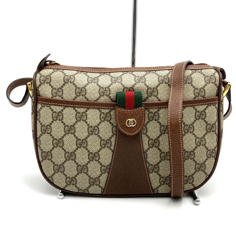 GUCCI グッチ オールドグッチ 001・58 シェリー GGスプリーム ショルダーバッグ PVC レザー ベージュ ブラウン レディース ヴィンテージ