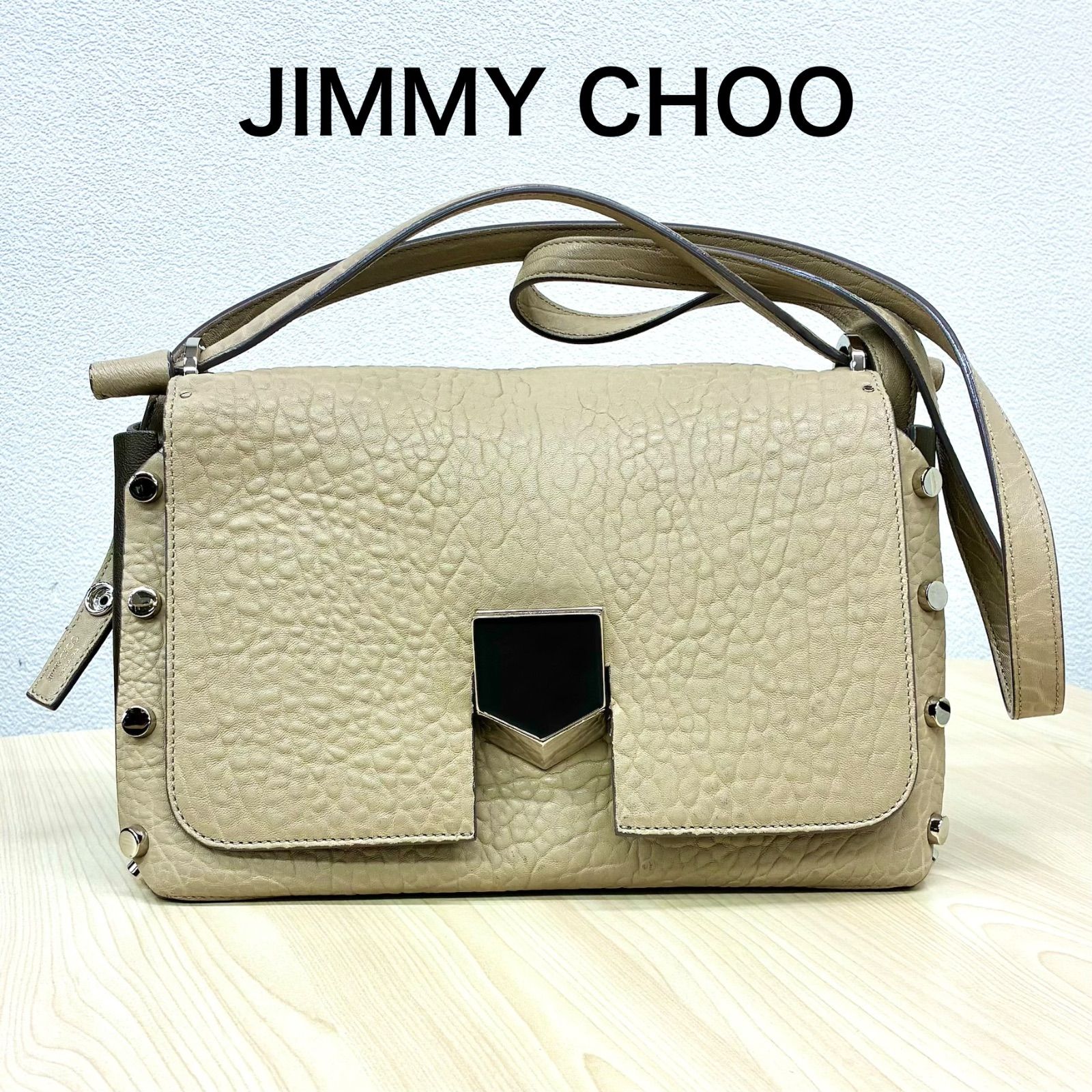 【ジミーチュウ JIMMYCHOO】レザー2wayショルダーバッグ ベージュ系 保存袋付き