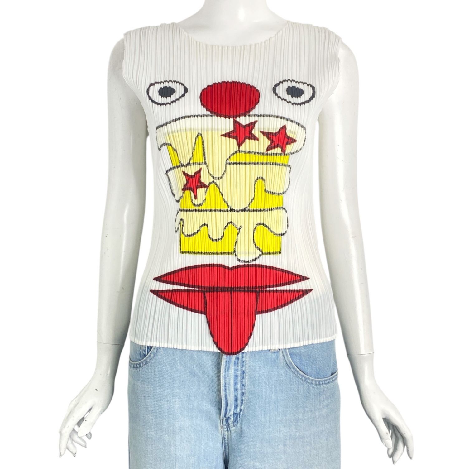 新品同様 ISSEY MIYAKE イッセイミヤケ PLEATS PLEASE プリーツプリーズ トップス ベスト ケーキ柄 CAKE MONSTER FACE ホワイト サイズ3