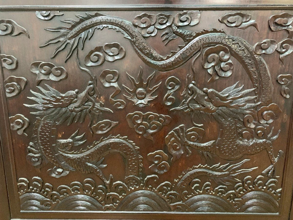 ◆中国美術 木製 彫刻 衝立 両面 木彫 龍 山水画 透かし彫り アンティーク 伝統工芸品 間仕切り パーテーション (畑1711)