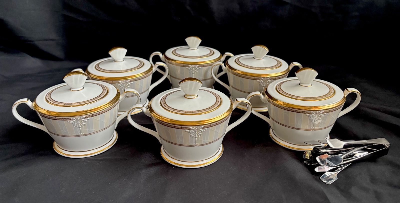 Noritake ノリタケ IMPERIAL VIEW インペリアルビュー シュガーポット 金彩 白レリーフ ヴィンテージ 6点まとめ シュガートングおまけ付き