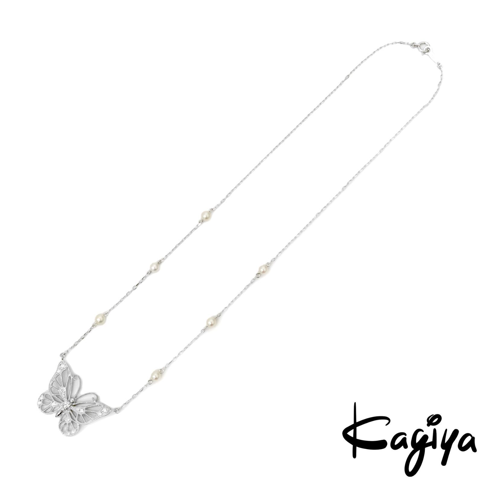 MIKIMOTO ミキモト K18 蝶モチーフ パール ダイヤ ネックレス 5.9g WG ホワイトゴールド バタフライ ダイヤモンド レディース ジュエリー アクセサリー