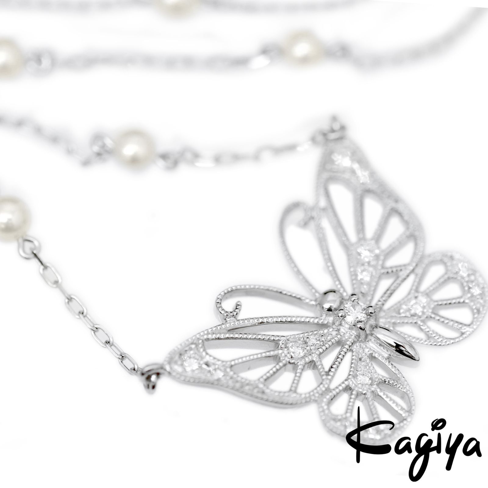 MIKIMOTO ミキモト K18 蝶モチーフ パール ダイヤ ネックレス 5.9g WG ホワイトゴールド バタフライ ダイヤモンド レディース ジュエリー アクセサリー