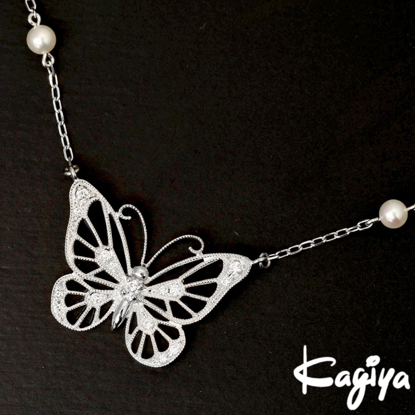 MIKIMOTO ミキモト K18 蝶モチーフ パール ダイヤ ネックレス 5.9g WG ホワイトゴールド バタフライ ダイヤモンド レディース ジュエリー アクセサリー