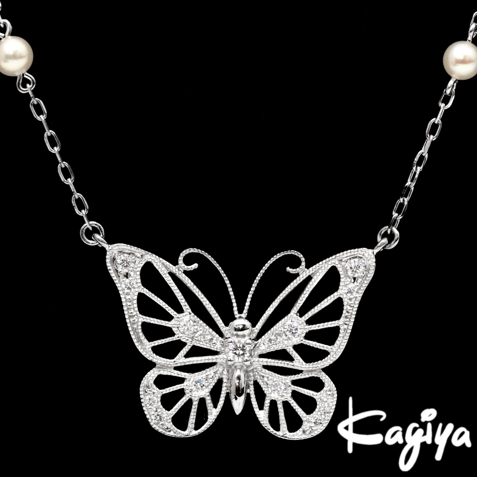 MIKIMOTO ミキモト K18 蝶モチーフ パール ダイヤ ネックレス 5.9g WG ホワイトゴールド バタフライ ダイヤモンド レディース ジュエリー アクセサリー