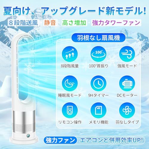 ☆新品☆扇風機 羽根なし タワーファン【2026年猛暑対策・省エネ】DCモーター リビング扇風機 スリム タワー型 サーキュレーター 静音 節電 8段階風量調整 微風&強風モード 100°自動首振り 9H切タイマー リモコン付き コンパクト b11139b6