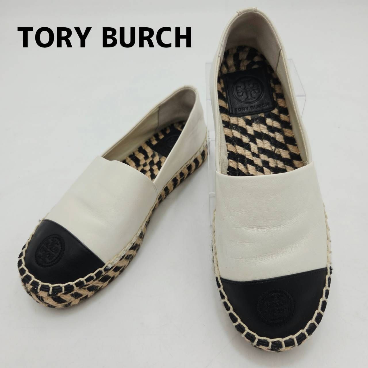 TORY BURCH　トリーバーチ　フラットエスパドリーユ　スリッポン　ダブルTロゴ　6　バイカラー　ホワイト×ブラック