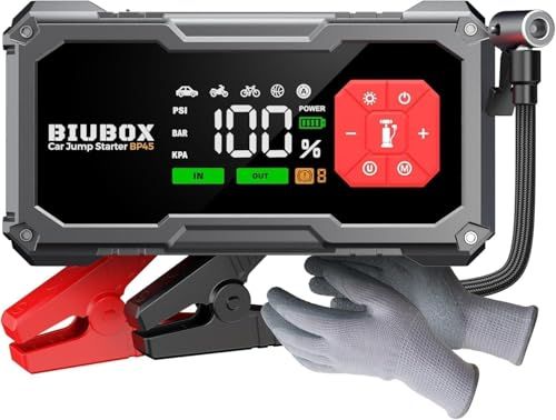 ☆新品☆ジャンプスターター 空気入れ 12V 車用 エンジンスターター BiuBox 8500A 150PSI バッテリーブースター エアコンプレッサー搭載 全ガソリン車 / 9L 以下 ディーゼル車対応 LED緊急ライト絶縁手袋付き PSE 7e9185e4