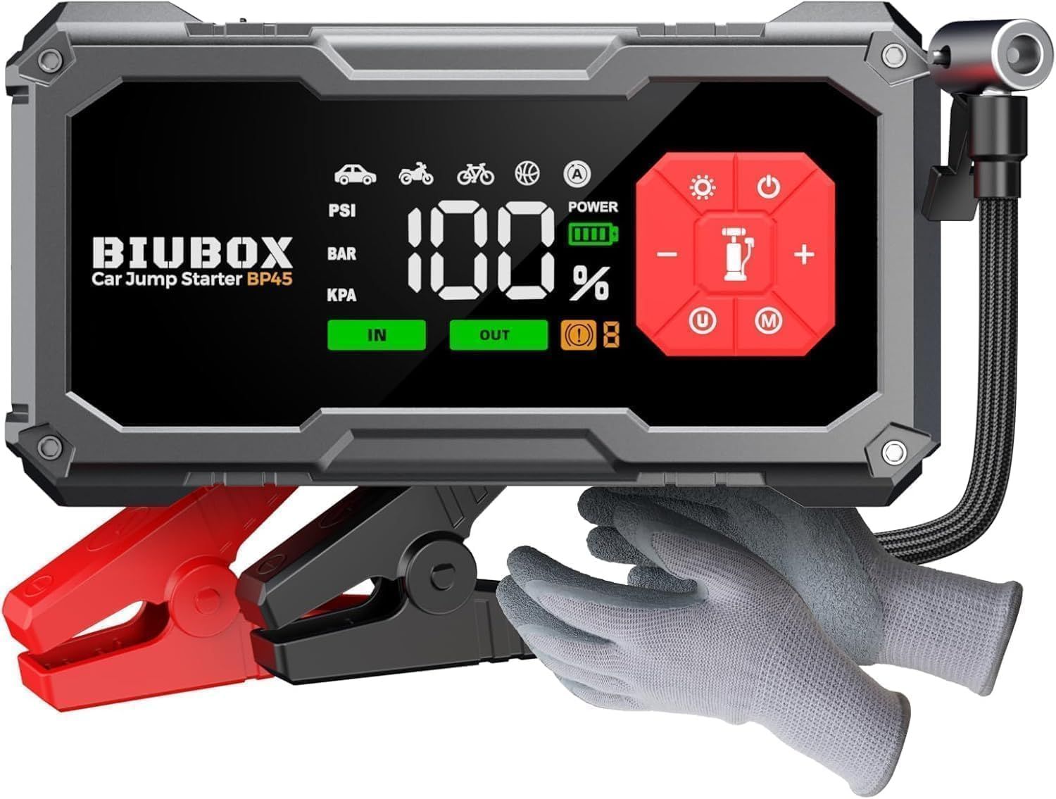 ☆新品☆ジャンプスターター 空気入れ 12V 車用 エンジンスターター BiuBox 8500A 150PSI バッテリーブースター エアコンプレッサー搭載 全ガソリン車 / 9L 以下 ディーゼル車対応 LED緊急ライト絶縁手袋付き PSE 7e9185e4