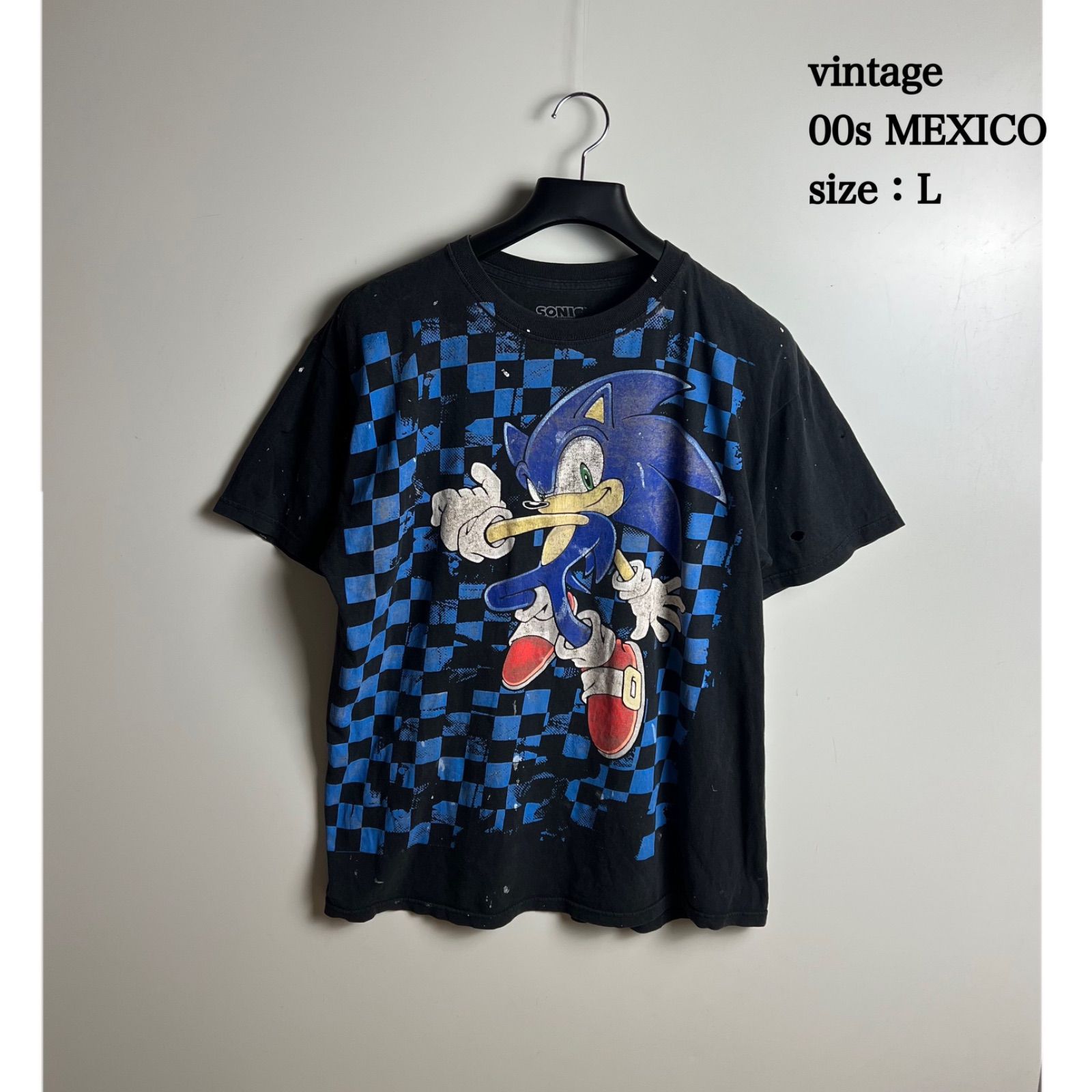 SEGA 00s MEXICO vintage SONIC The hedgehog faded Tee L セガ ソニック ザ ヘッジホッグ Tシャツ ヴィンテージ フェード 墨黒 レア 雰囲気系 ペンキ ヴィンテージ