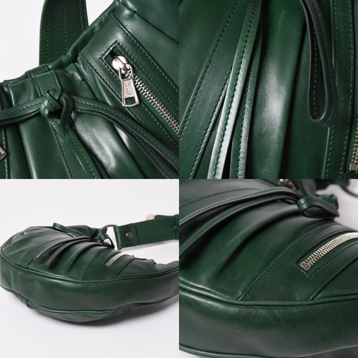 SAINT LAURENT サンローラン リヴゴーシュ レザー ホーボーショルダーバッグ トムフォード期 プリーツ加工 グリーン 120436 シルバー金具 美品 中古 4a003520