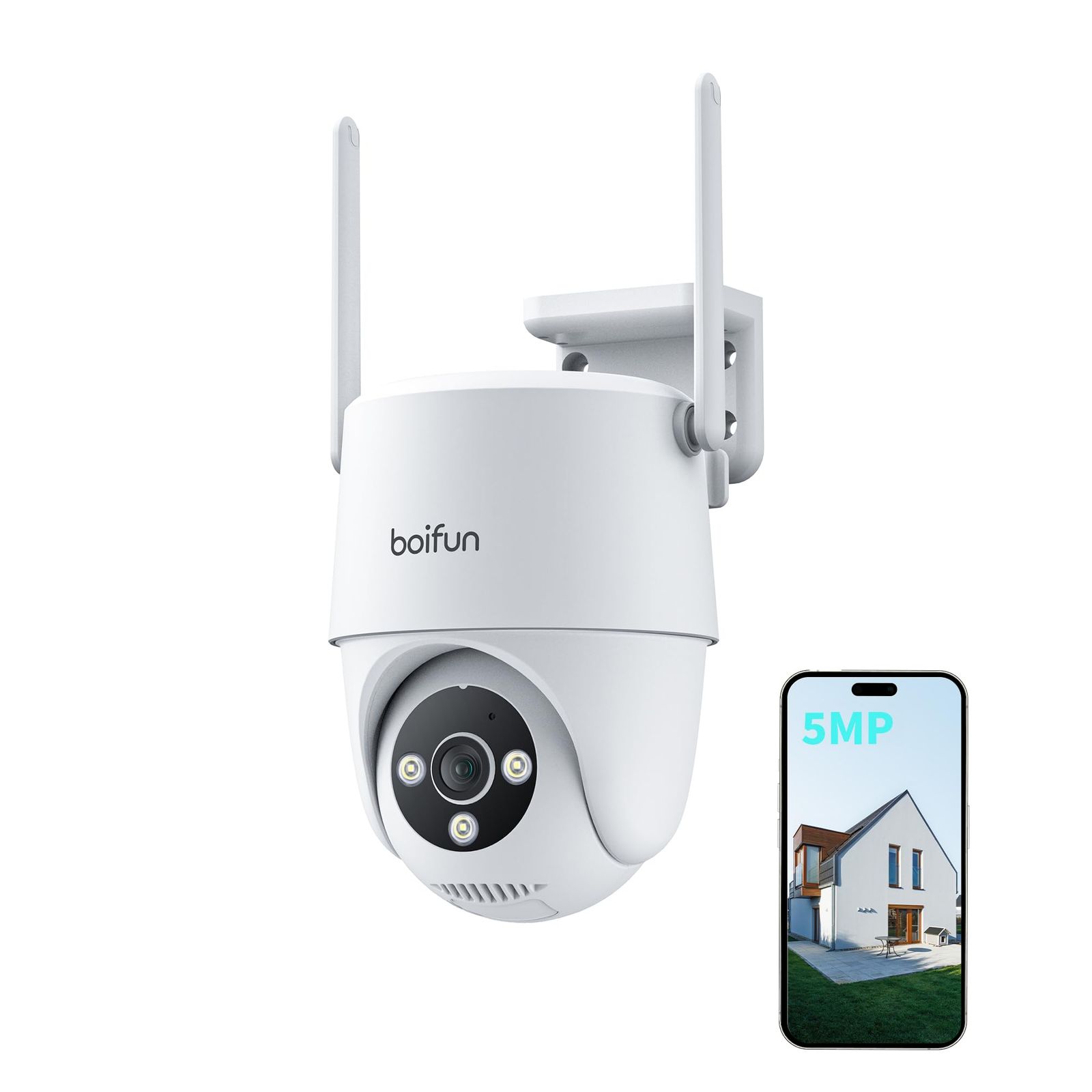 【2.4と5GhzWiFi対応・5MP超高画素・2年保証】BOIFUN 2026最新 防犯カメラ 屋外 360°広角 夜間カラー撮影 常時録画 PTZ 自動追跡 声光警報 双方向音声 家族共有 監視カメラ 遠隔操作 IP66防水 検出エリア設 51f5112a