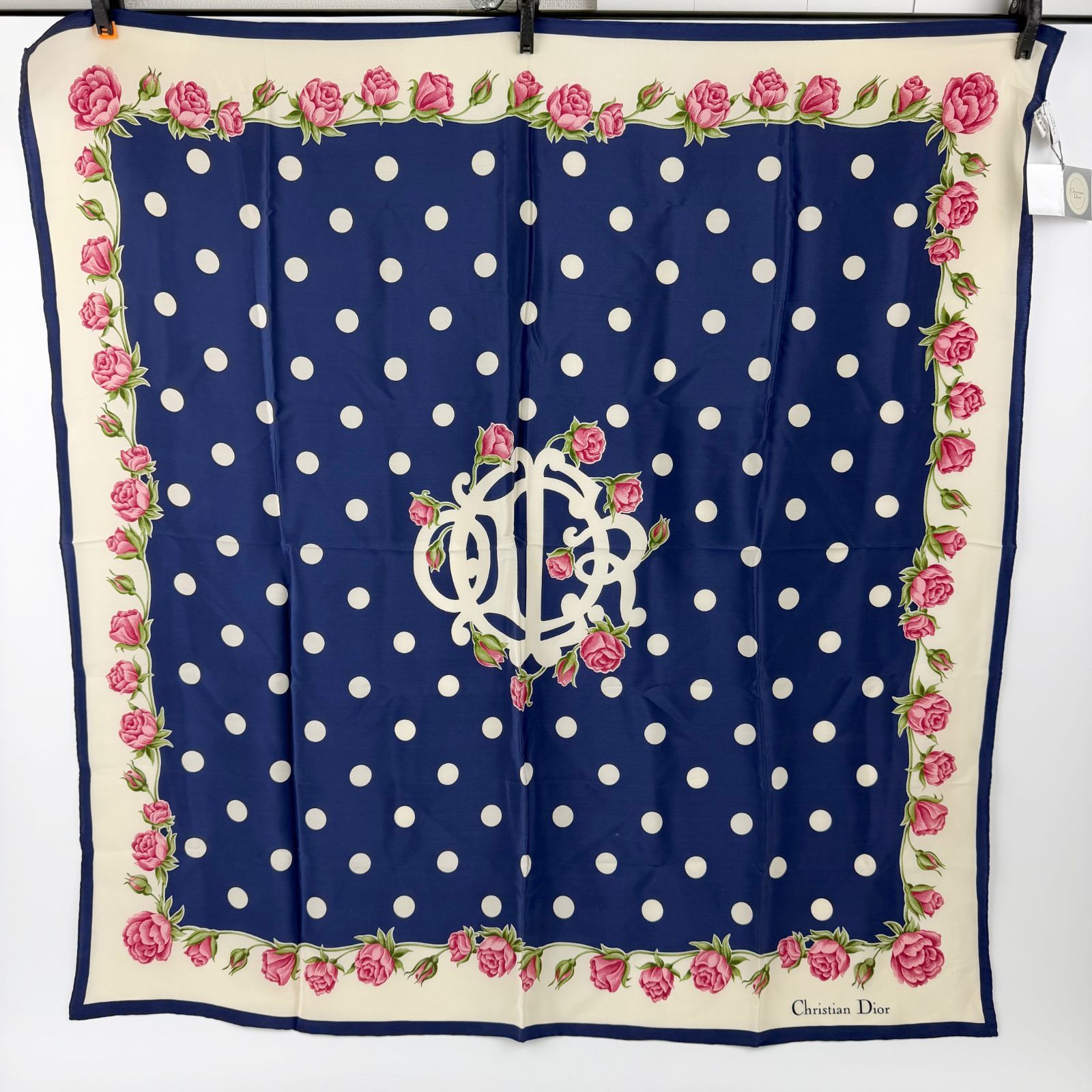 【中古】Christian Dior クリスチャン ディオール トロッター風ロゴ ドット ローズ柄 シルクスカーフ スカーフ シルク ネイビー ヴィンテージ レディース HIBUOCHI VINTAGE hboc260605a02-1