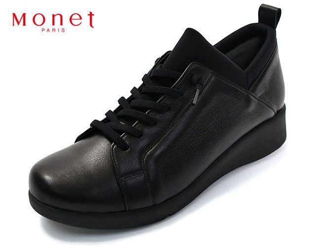 モネ Monet 883204 軽量レースアップスリッポン レザースニーカー 幅広スニーカー レディーススニーカー スリッポンシューズ 4E 幅広 日本製 天然皮革 本革 甲高 外反母趾 ストレッチ素材 滑りにくい 履きやすい 婦人 靴 ブラック 黒