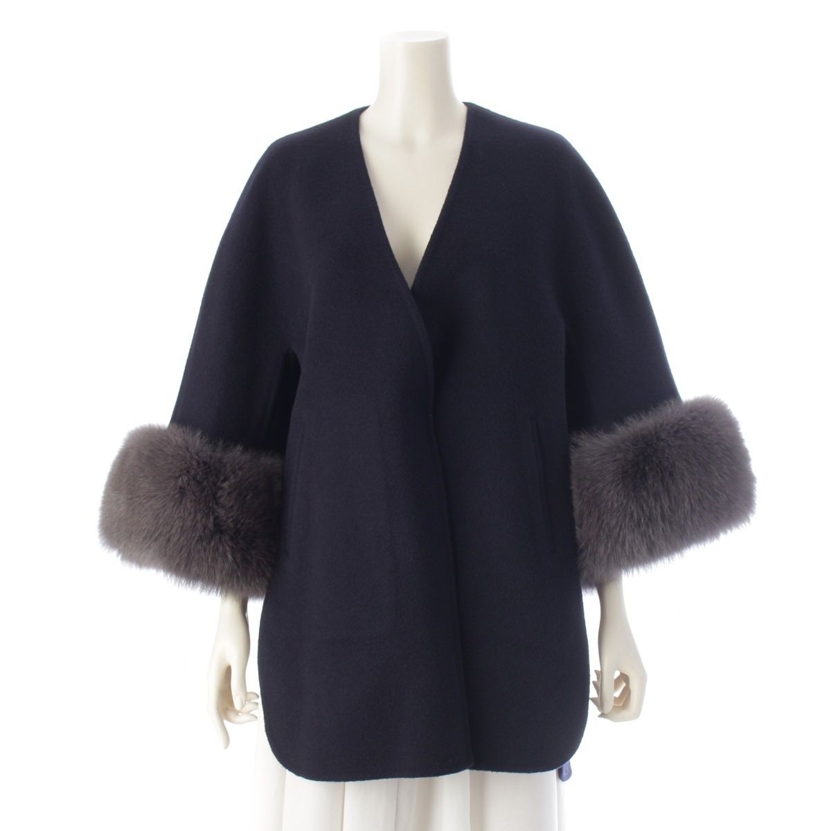 ドゥロワー 25AW ウールケヌキ フォックスファー スリーブ ノーカラージャケット ショートコート アウター 6522-2-000014 ネイビー 36【中古】