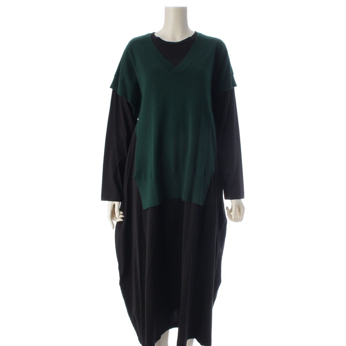 エンフォルド 21AW ウール ニット レイヤード ワンピース 300EA373-2220 グリーン×ブラック 36【中古】