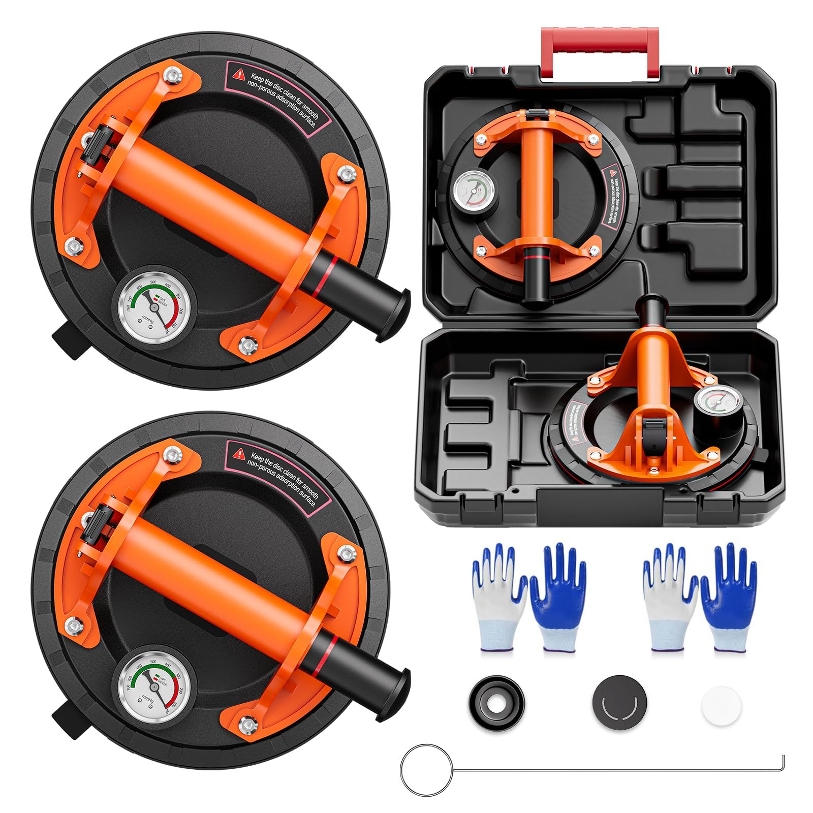 SPECILITE 20cm 頑丈ガラス吸盤2個セット 工業用バキュームリフター 耐荷重400kg 圧力計付き 収納ボックス&手袋付属 大型タイル/大理石/窓の持ち上げに最適 オレンジkk
