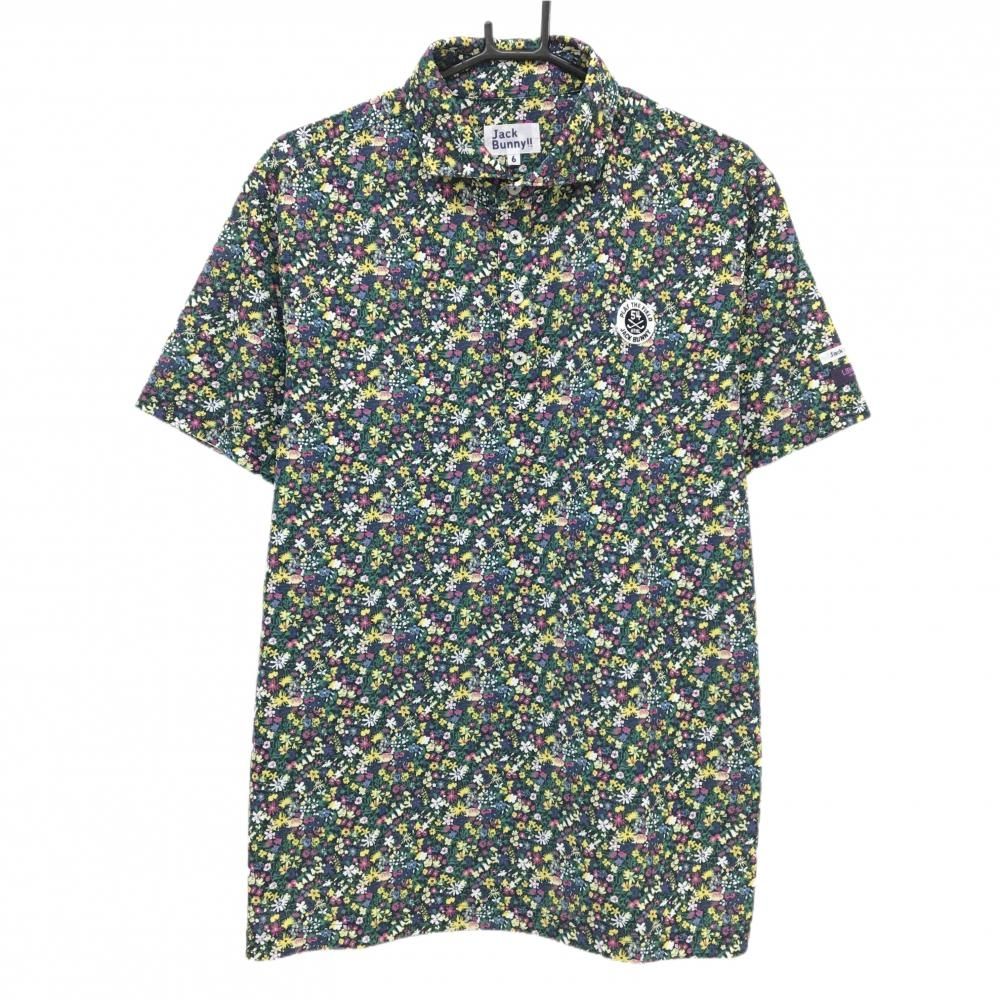 【超美品】ジャックバニー 半袖ポロシャツ ネイビー×マルチカラー 小花柄 LIBERTY メンズ 6(XL) ゴルフウェア Jack Bunny