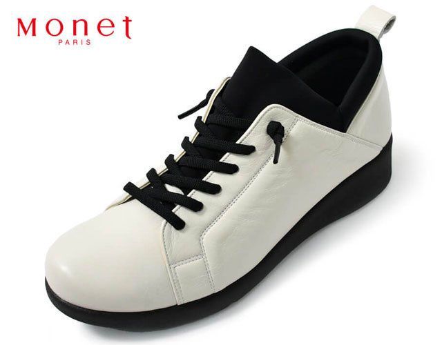 モネ Monet 883204 軽量レースアップスリッポン レザースニーカー 幅広スニーカー レディーススニーカー スリッポンシューズ 4E 幅広 日本製 天然皮革 本革 甲高 外反母趾 ストレッチ素材 滑りにくい 履きやすい 婦人 靴 ホワイトコンビ 白