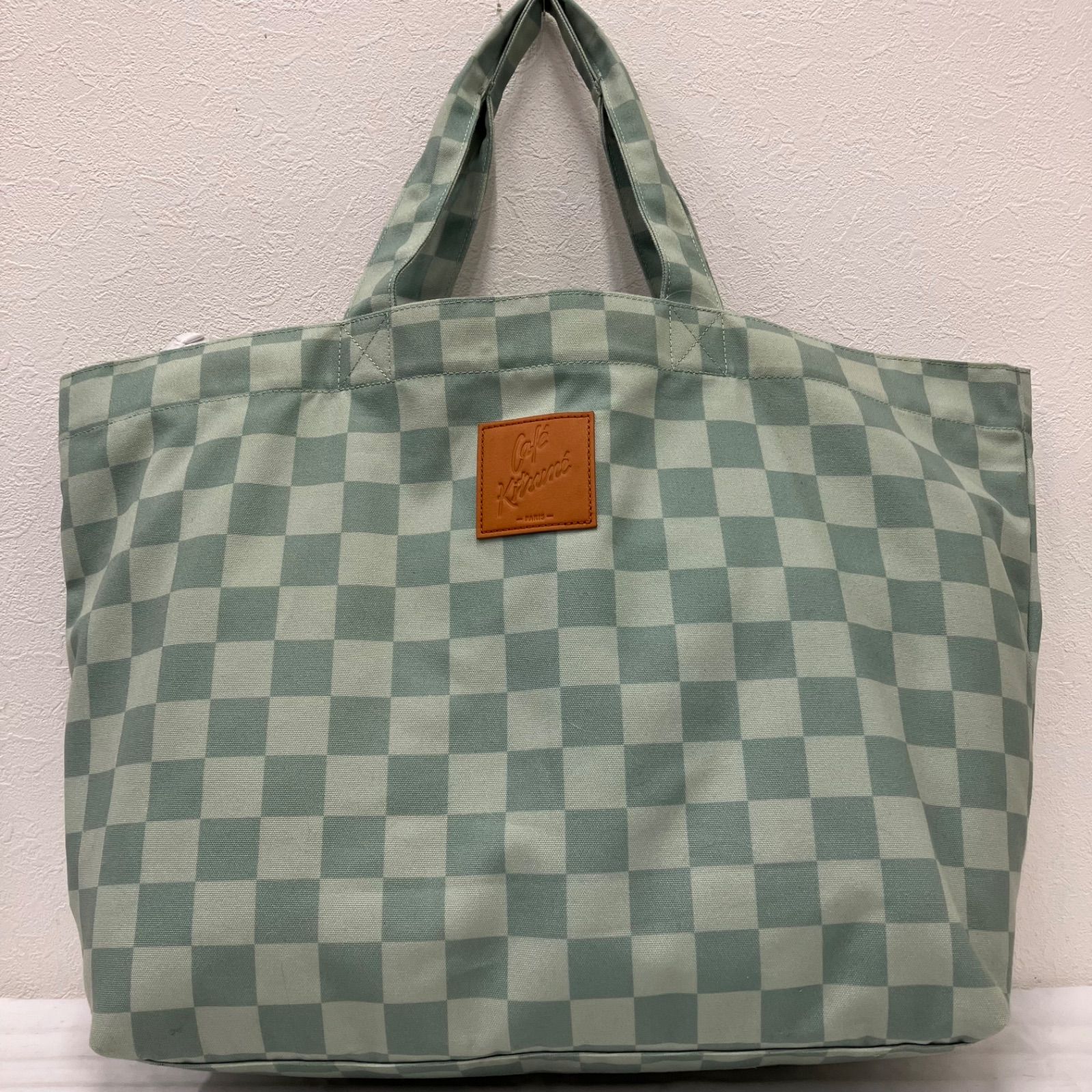4372　Cafe Kitsune　カフェキツネ　maisonkitsune　メゾンキツネ　トートバッグ　チェッカーボード　CHECKERBORD　チェッカー柄　グリーン　ライトグリーン　キャンバス　大きめ　大容量　レディース　メンズ　ユニセックス　特大