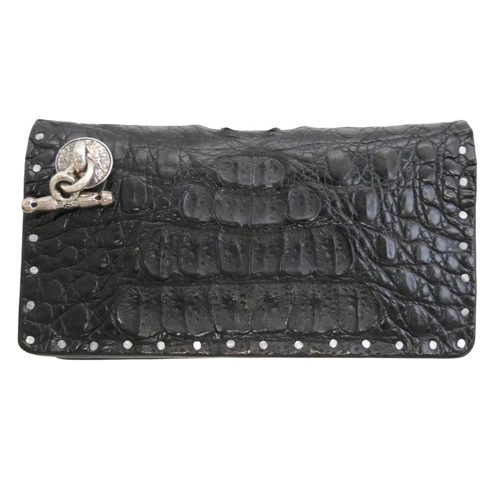 STARLIN GEAR スターリンギア ギャランティ付属 100周年 100Years Wallet cro クロコダイル w/Tバー 財布 ロングウォレット ブラック系 シルバー系【美品】【中古】