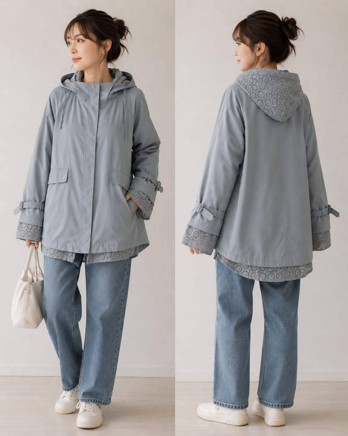 ERMANNO SCERVINO エルマンノシェルビーノ☆カットワークレース比翼ブルゾン 42 ライトブルー フード収納 2way ライトアウター