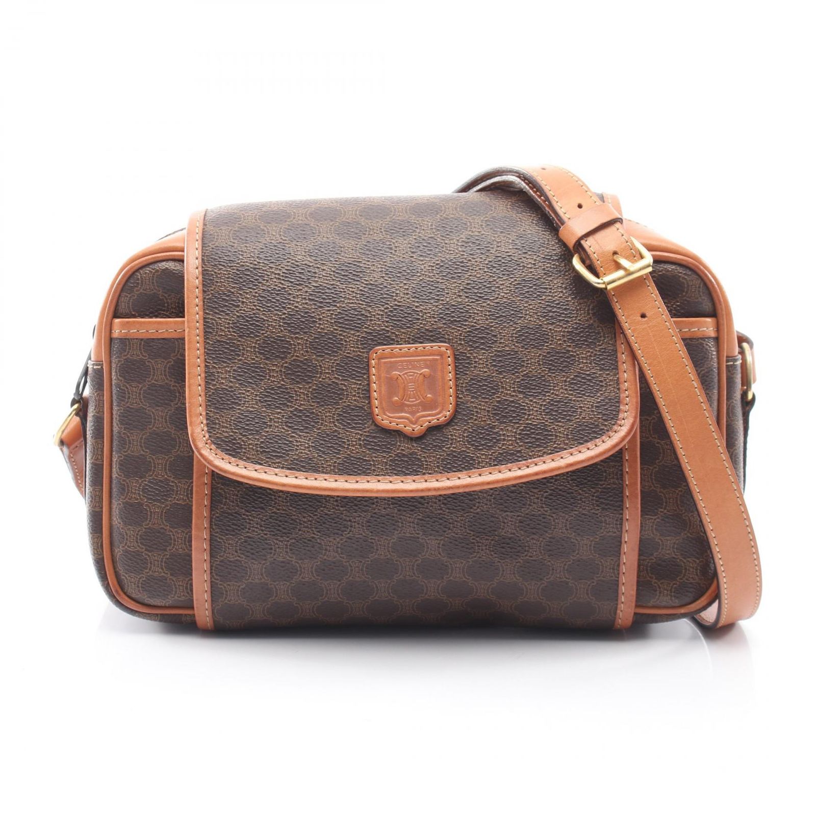 セリーヌ CELINE ショルダーバッグ マカダム ダークブラウン PVCコーティングキャンバス レザー マカダム ショルダーバッグ レディース Used B