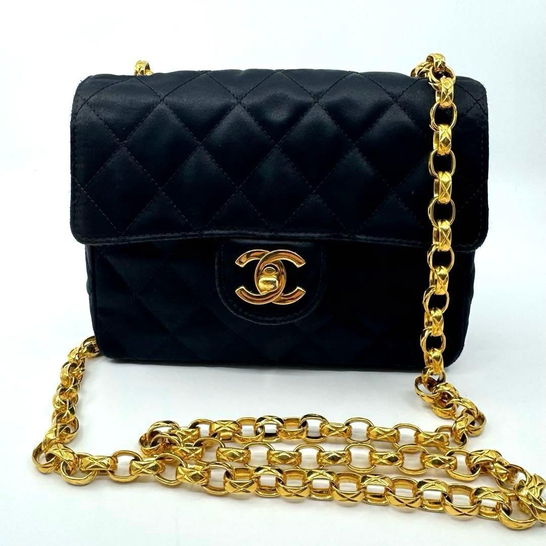 【美品】CHANEL シャネル マトラッセ チェーンショルダーバッグ サテン 黒