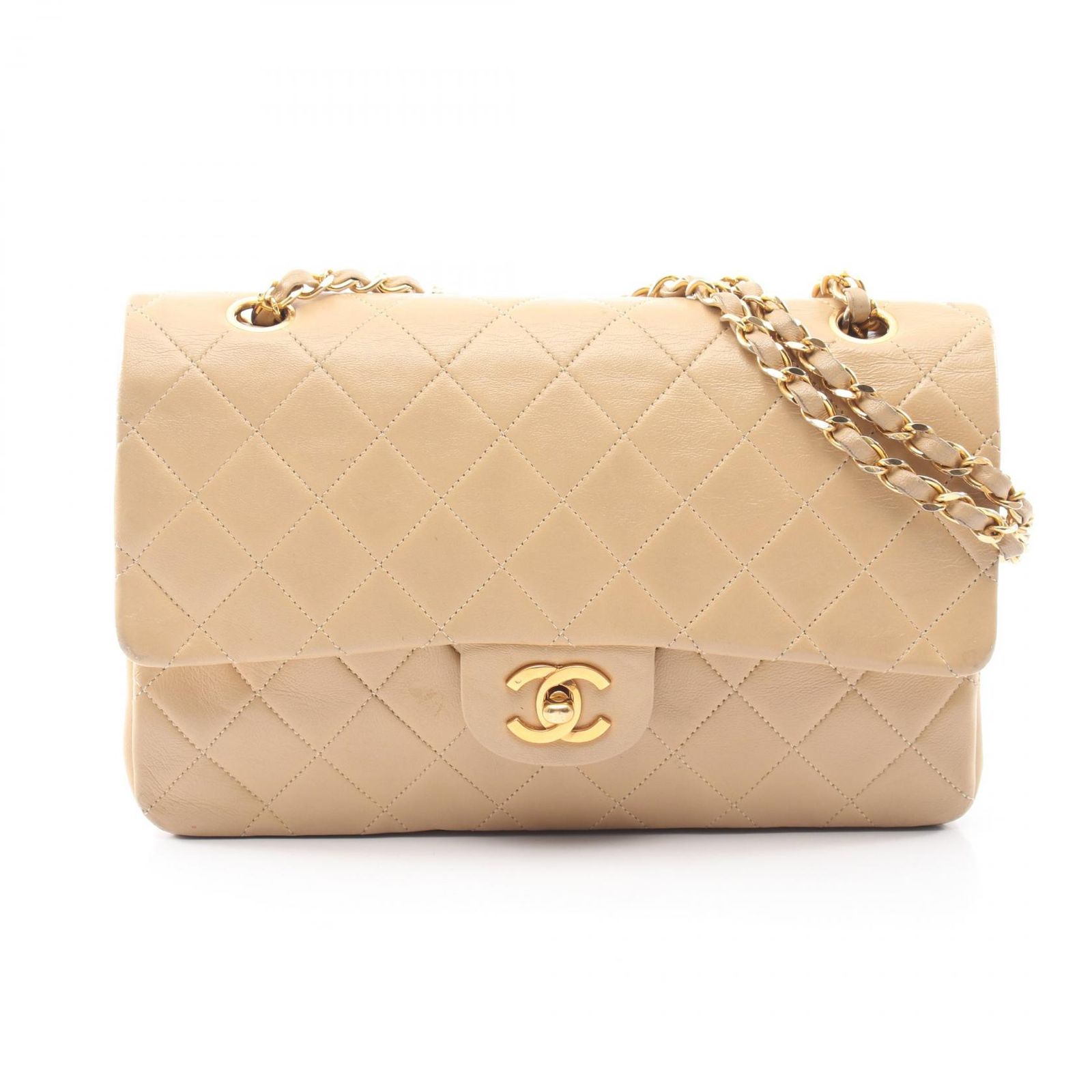シャネル CHANEL ショルダーバッグ マトラッセ Wフラップ ベージュ ラムスキン(羊革) マトラッセ ダブルフラップ チェーンショルダー レディース Used B