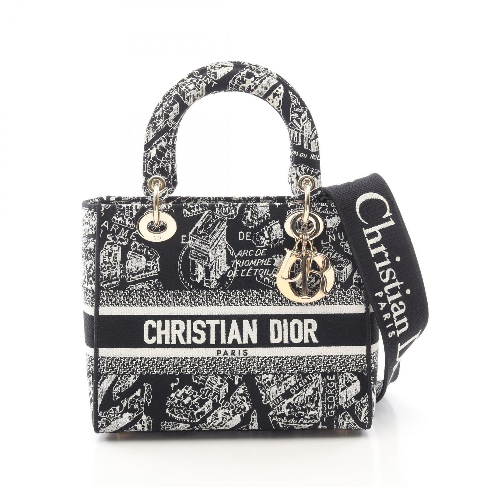 ディオール Dior ハンドバッグ LADY D-LITE ミディアム Plan de Paris 2WAY ブラック/ホワイト キャンバス Lady D-Lite 2wayトート ミディアム レディース Used B