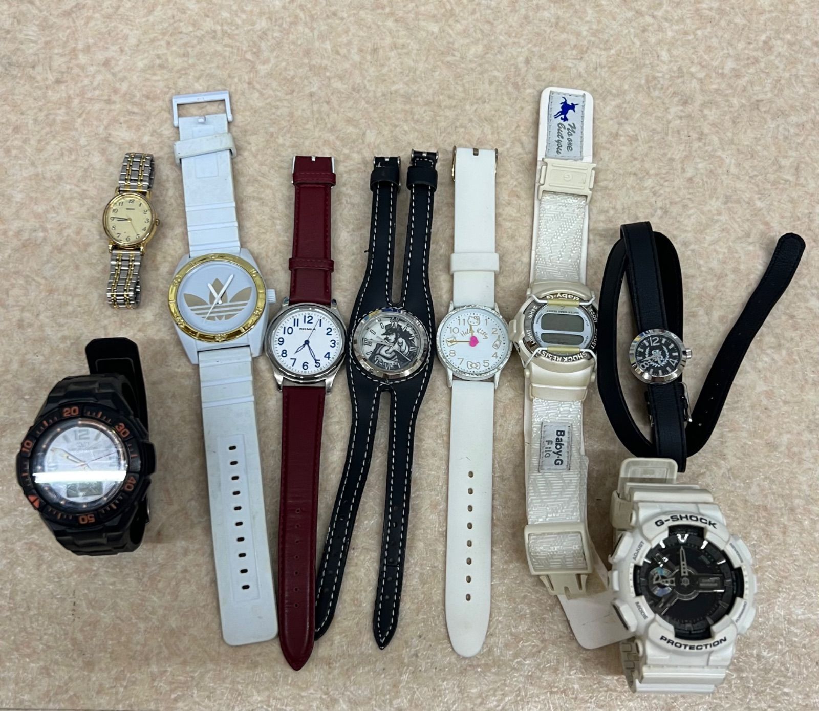 【ジャンク品】腕時計電池切れ・破損・部品取りG-SHOCK adidas SEIKO ROMIA ハローキティー 押忍番長 9点まとめ売りMV6002 f248