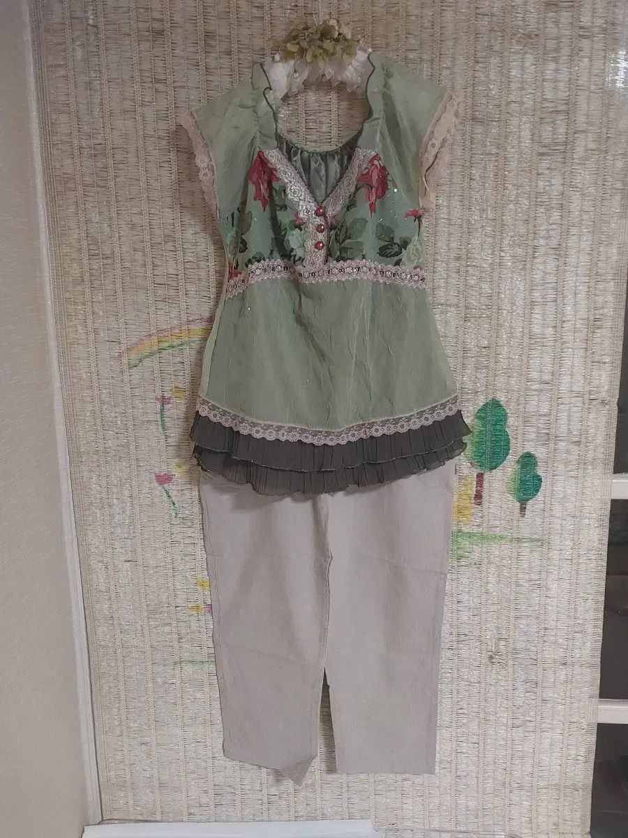 未使用)パステル フローラル ブラウス パンツ セット