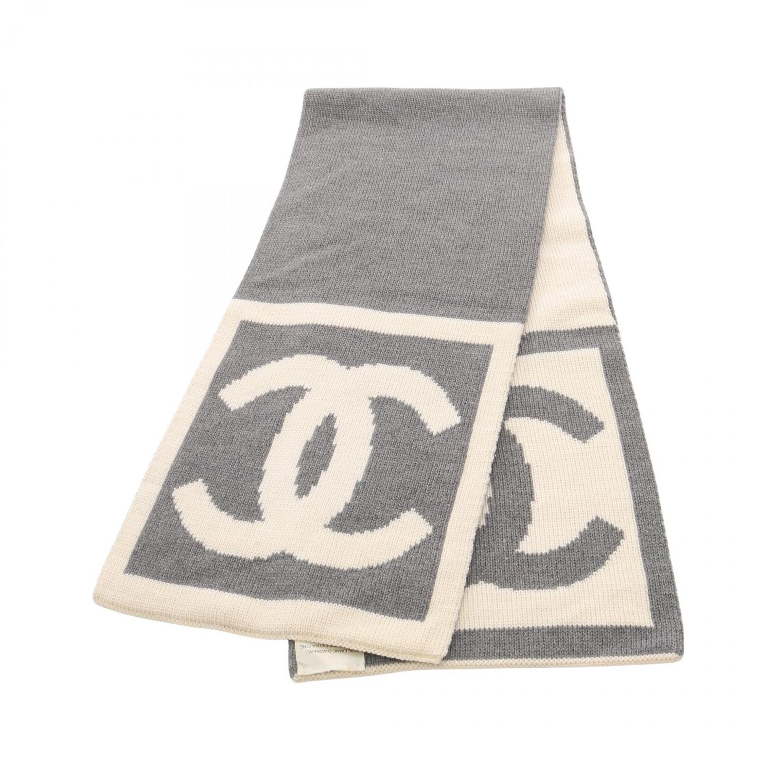 シャネル CHANEL マフラー ココマーク グレー/ホワイト ウール シルク マフラー レディース Used B