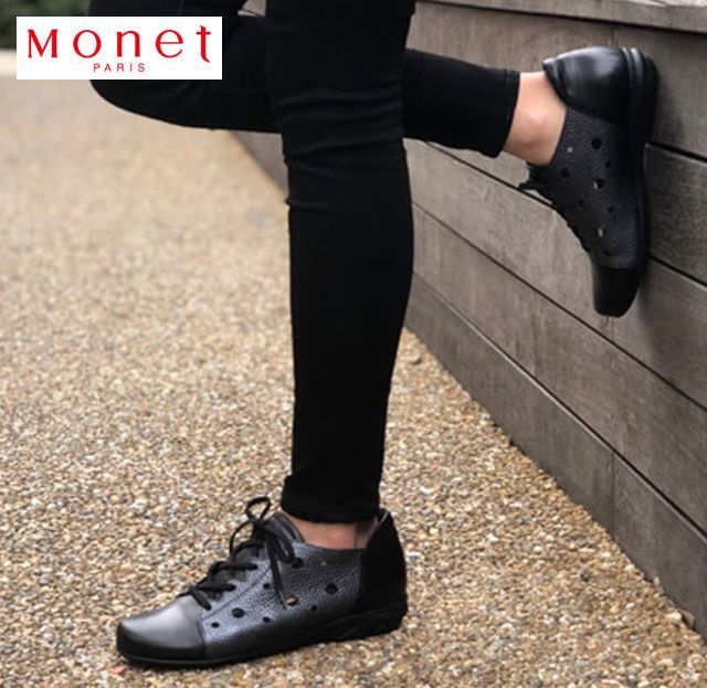 モネ Monet 88874 メタリックプリントシューズ パンチングスニーカー サマーシューズ サマースニーカー レザースニーカー 3E 日本製 天然皮革 本革 履きやすい 歩きやすい 疲れにくい 柔らかい レディース 婦人 靴 ブラックコンビ 黒