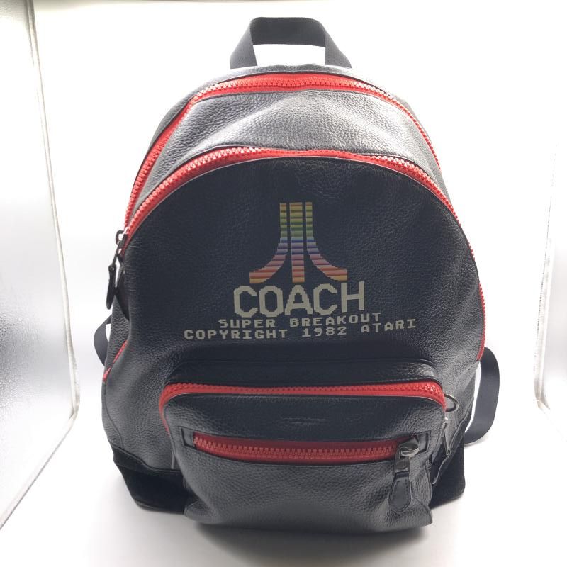 【中古】COACH × ATARI レザーバックパック ブラック F72914 角スレ、内側フラップ部分劣化有　コーチ[17]