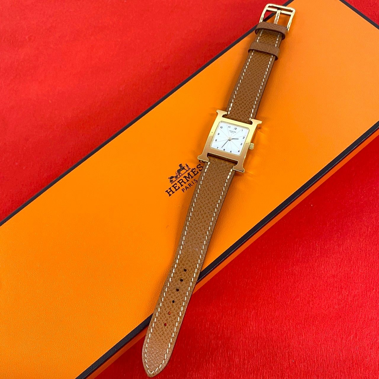 稼働品 極 美品 箱付き HERMES エルメス Hウォッチ GP レザー 本革 クォーツ 腕時計 ブラウン ゴールド 38730