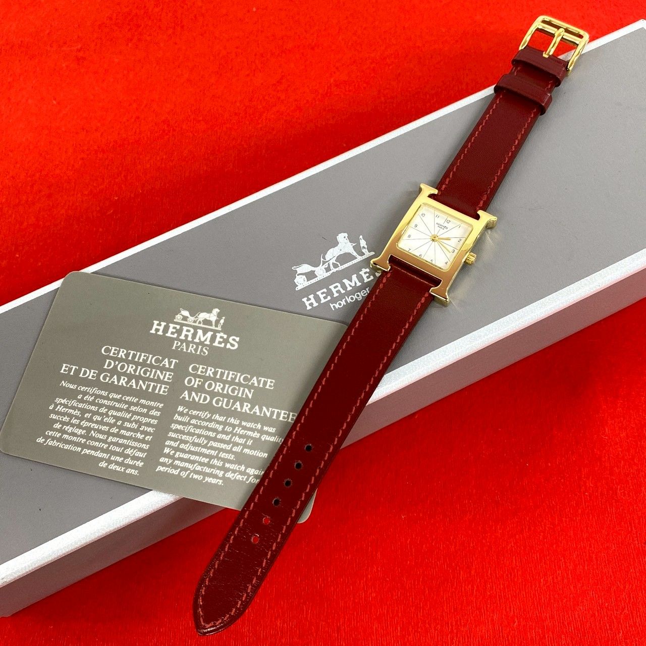 稼働品 未使用保管品 箱付き HERMES エルメス Hウォッチ GP レザー 本 