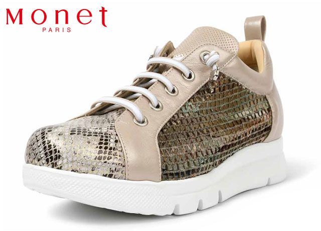 モネ Monet 241632 軽量スニーカー レディーススニーカー チュールスニーカー コンフォートスニーカー 厚底スニーカー 厚底靴 4E 幅広 レザー 本革 天然皮革 軽量ソール 疲れにくい ゆったり 婦人 靴 カーキ