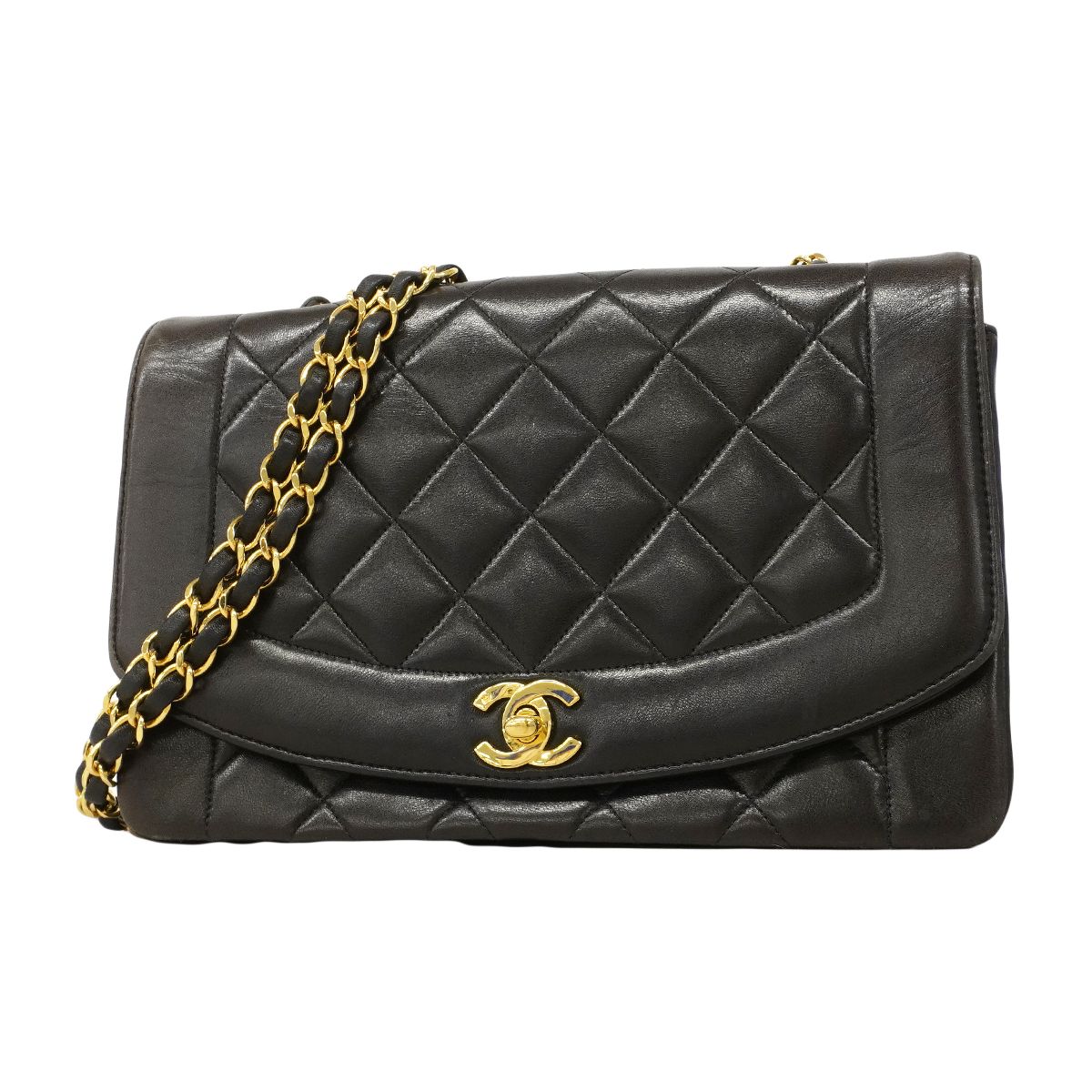 【6fa1228】シャネル ショルダーバッグ ダイアナ ラムスキン ブラック ゴールド金具【中古】レディース