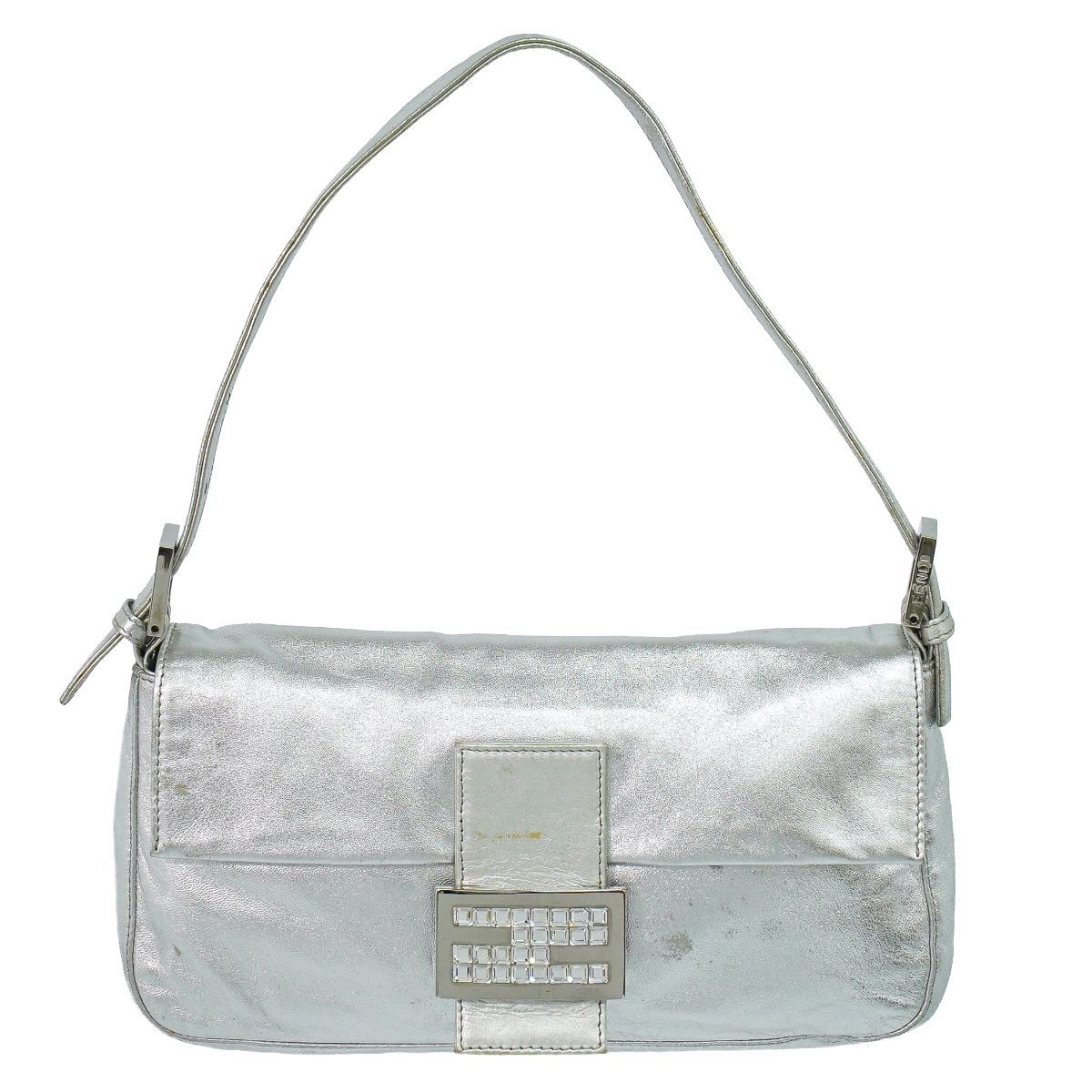 本物 フェンディ FENDI マンマバケット ラインストーン ショルダーバッグ ハンドバッグ レザー シルバー 26424 バッグ 中古・