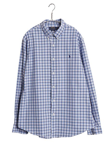 ポロ ラルフローレン チェック 長袖 ボタンダウン シャツ メンズ XL / コットン ストレッチ ワイシャツ スリム 大きいサイズ 細身 ブルー